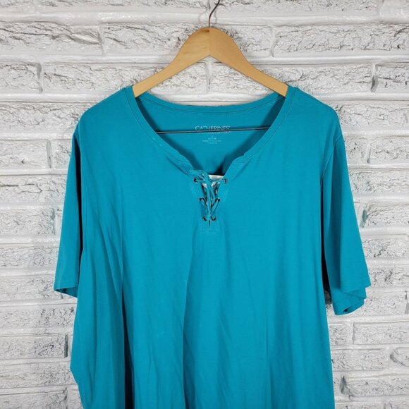 Catherines Women Top 3X Plus Tunic Lace Up Short Sleeve Blue BLU228E - Picture 3 of 8